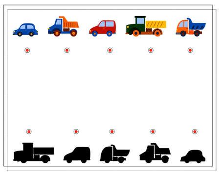 Children's logic game, find the right shadow. children's toy cars. vector isolated on a white background.のイラスト素材