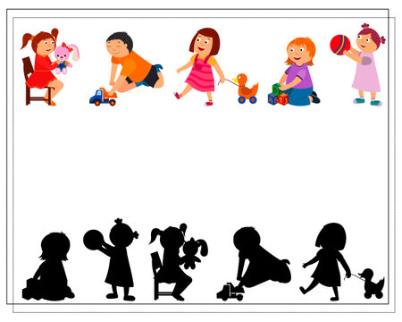Childrens logic game find the right shadow. Cute cartoon kids playing with toys. vector isolated on a white backgroundのイラスト素材