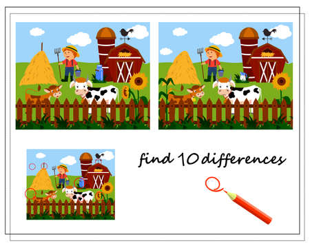 A logical game for children to find the differences. Happy farm, cows on the farm, barn and farmer. Vector isolated on a white backgroundのイラスト素材