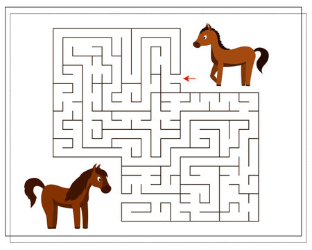 A puzzle game, go through the maze. Help me walk through the maze to my mom. Farm animals are a horse and a foalのイラスト素材