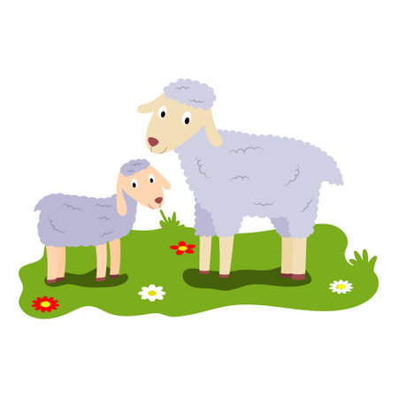 Cute cartoon illustration of mom and kids, farm animal sheep and calf. Vector isolated on a white backgroundのイラスト素材