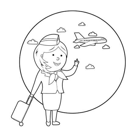 coloring book. cartoon illustration of a flight attendant and an airplane, vector isolated on a white background.のイラスト素材