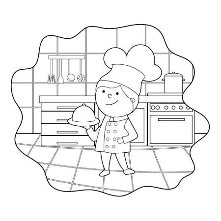 coloring book. cartoon illustration of a cook in the kitchen, vector isolated on a white background.のイラスト素材