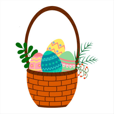Vector illustration of a basket with colored eggs and twigs of plants isolated on a white background. Oriental traditional symbol and design element. Cute picture with a spring icon..のイラスト素材