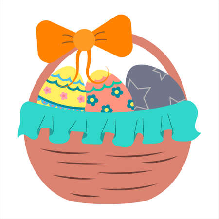 Wicker basket made of light vines with Easter colored eggs and decor, vector highlighted on a white backgroundのイラスト素材
