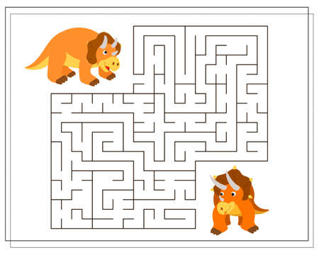 Children's logic game go through the maze. Help the baby triceratops to pass the maze, dinosaurs. Vector isolated on a white backgroundのイラスト素材