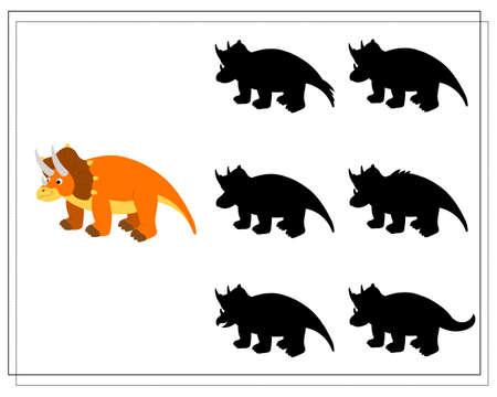 Children's logic game find the right shadow, cute cartoon dinosaur. Vector isolated on a white backgroundのイラスト素材