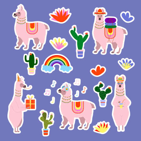 A set of stickers cute cartoon llamas, cacti, rainbow. Stickers for cutting, vector.のイラスト素材
