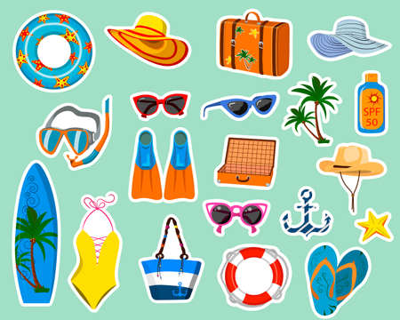 A set of stickers for cutting out. Vector illustration of beach holiday items.のイラスト素材