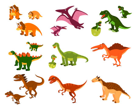 a set of cute cartoon dinosaurs and their children. vector isolated on a white background.のイラスト素材