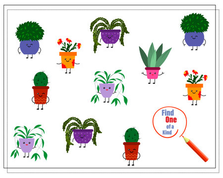 A puzzle game for kids, find the one of a kind. Cute cartoon flowers in kawaii pots.のイラスト素材
