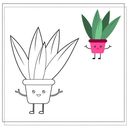 Coloring book for children. Paint a cute cartoon flower in a pot based on the drawing. Vector isolated on a white background.のイラスト素材