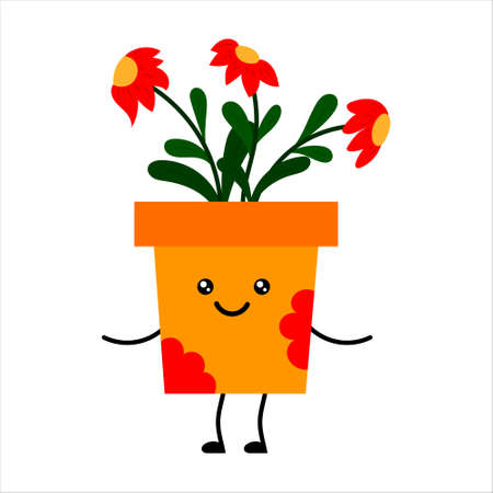 Cute cartoon kawaii plant in a pot. A plant with flowers. Vector isolated on a white backgroundのイラスト素材