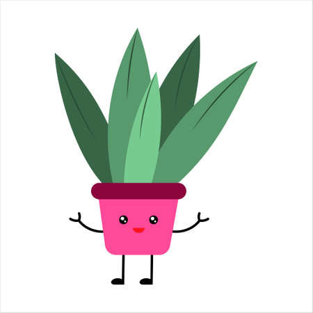 Cute cartoon kawaii plant in a pot. A plant with long thick leaves. Vector isolated on a white background.のイラスト素材
