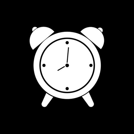Alarm clock icon silhouette, vector illustration of a white alarm clock on a black backgroundのイラスト素材