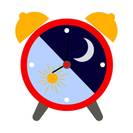 Alarm clock icon, flat color illustration of an alarm clock with moon and sun, day and night.のイラスト素材
