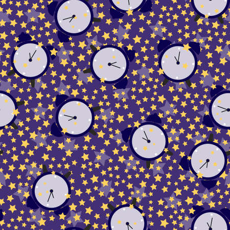 seamless pattern of alarm clock and stars on a dark background. vector illustration