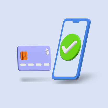 3d illustration of a phone with a credit card floating on a blue background. Mobile banking and...