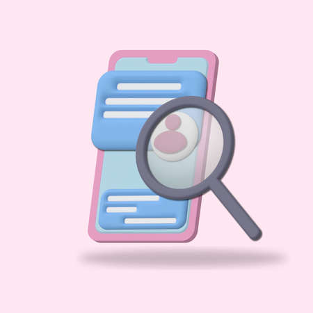 3d illustration of a phone with a magnifying glass floating on a pink background. Search for...