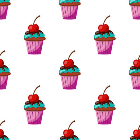 seamless cupcake pattern with blue cream, chocolate glaze and cherry. vector illustrationのイラスト素材