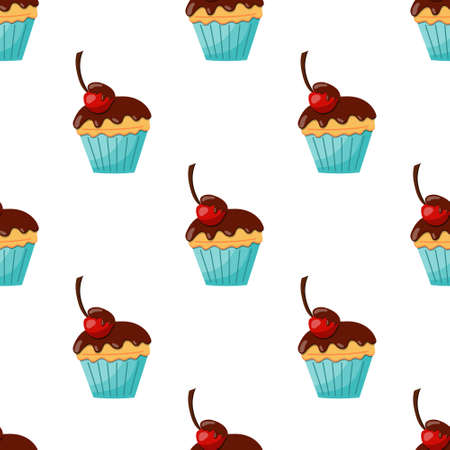 seamless cupcake pattern with chocolate icing and cherry. vector illustration on a white backgroundのイラスト素材