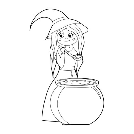 Coloring book for kids, cartoon witch cooks a potion in a cauldron. Vector isolated on a white backgroundのイラスト素材