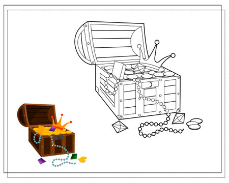 Coloring book for kids, a treasure chest. Vector isolated on a white background.のイラスト素材