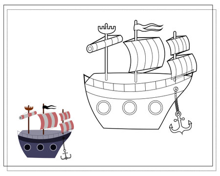 Coloring book for kids, pirate ship. Vector isolated on a white background.のイラスト素材