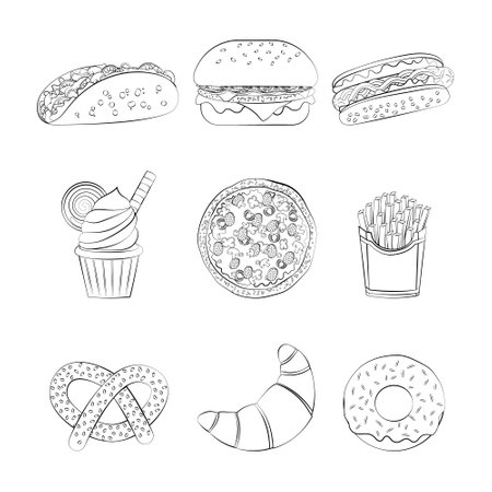 A set of fast food products with a thin line.のイラスト素材
