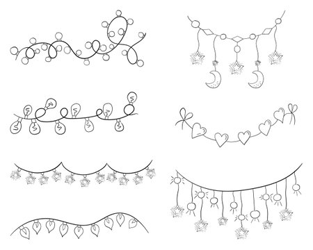 A set of festive garlands with a thin line, vector illustration of a doodle.のイラスト素材