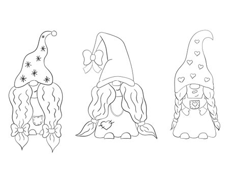 A set of cartoon Christmas gnomes girls for coloring books. Linear design for children's coloring pages.のイラスト素材