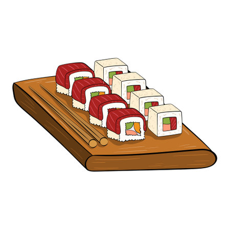 A set of sushi on the board. vector illustration on a white background.のイラスト素材