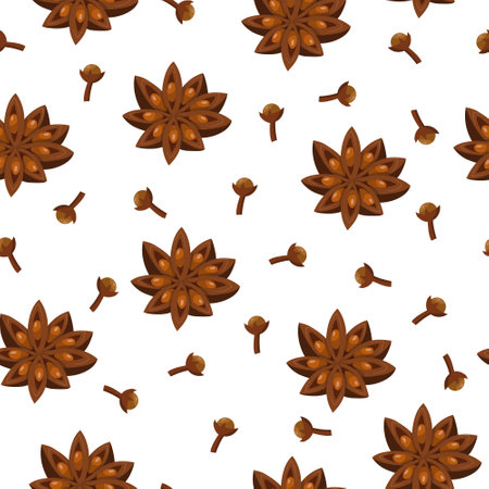 Seamless pattern of anise and carnation stars. Spices for mulled wine. Vector illustration on a white background.のイラスト素材