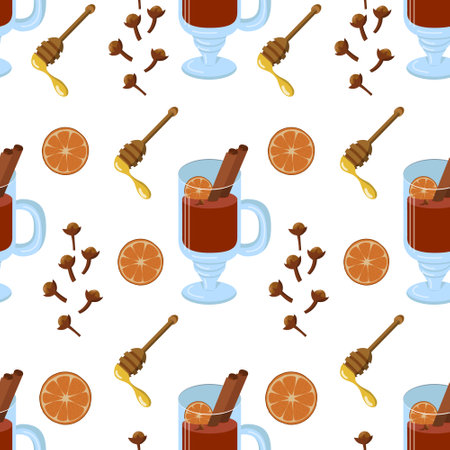 Seamless mulled wine pattern. Spices for mulled wine, honey, orange. Vector illustration on a white backgroundのイラスト素材