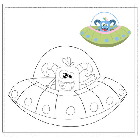 Coloring book for kids, cartoon monsters, aliens in a flying saucer. Vector illustration on a white backgroundのイラスト素材