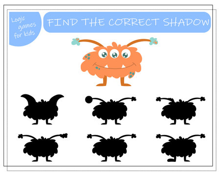 Find the right shadow, an educational game for kids, cartoon monsters, aliens in a flying saucer. Vector illustration on a white background.のイラスト素材