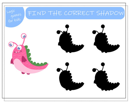 Find the right shadow, an educational game for kids, cartoon monsters, aliens in a flying saucer. Vector illustration on a white background.のイラスト素材