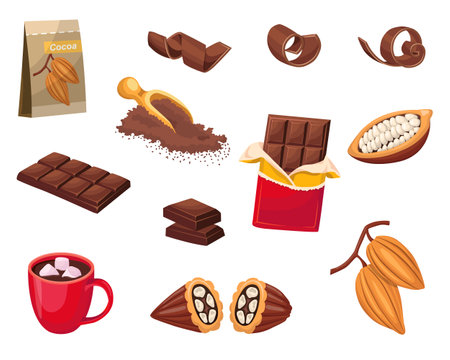 Chocolate set. Chocolate bar, cocoa powder, cocoa beans. World Chocolate Day. Vector illustrationのイラスト素材