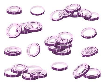 A set of red onions. Onion rings. Isolated vector illustration.のイラスト素材