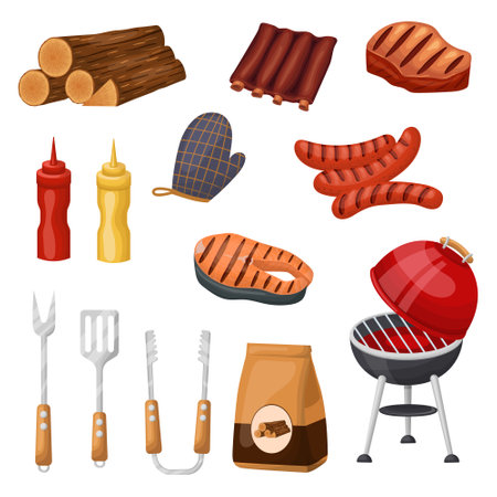 barbecue food and utensils, elements of a barbecue party. Outdoor grills, grilled meat, a vector set of equipment for a picnic on the grillのイラスト素材