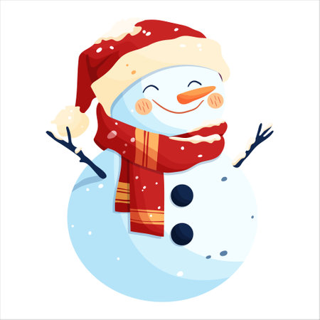 A snowman in a red hat and a red scarf decorated with snowflakes. Isolated on a white backgroundのイラスト素材