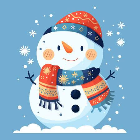 New Year card. A snowman in an orange hat and a blue scarf decorated with snowflakes on a blue backgroundのイラスト素材