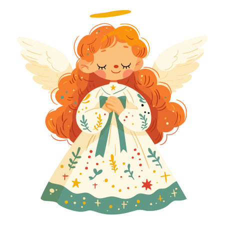 A cute little angel girl is holding a bow with wings and a halo above her head. Illustration on a white backgroundのイラスト素材