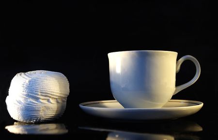 white cup of coffe and sweet zephyr の写真素材