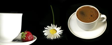 Two cups of coffee, flower and strawberryの写真素材