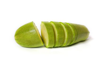 Raw cut zucchini isolated on white backgroundの写真素材