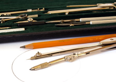 Professional case of drawing instruments on whiteの写真素材