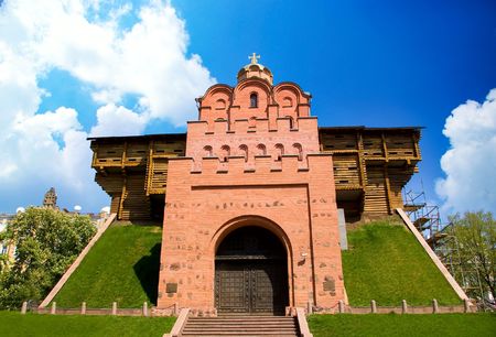 Ñhurch with grass in the foreground. Ukraine. Kiev.の写真素材