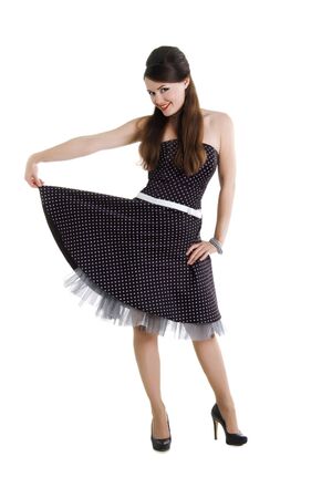 Beautyful girl in retro dress on a white backgroundの写真素材