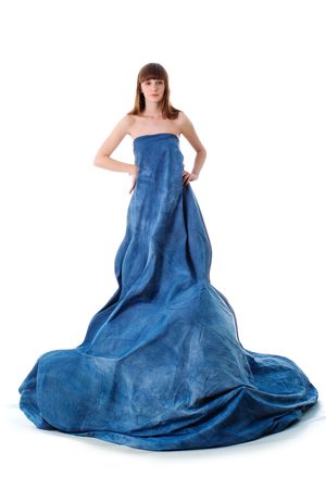 Elegance glamour woman in blue dress on white backgroundの写真素材